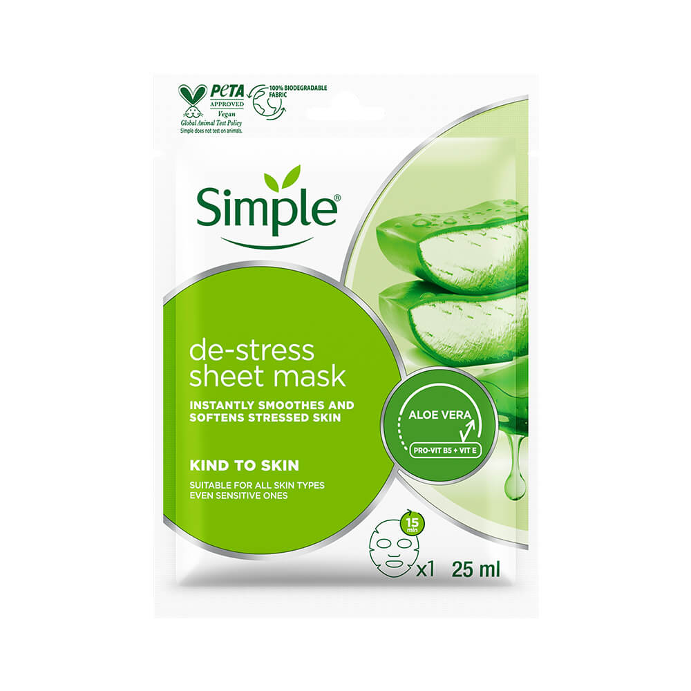 De-stress Sheet Mask with Aloe Vera Extract + Vit E + Pro-Vit B5 - 25ml De-stress Sheet Mask with Aloe Vera Extract + Vit E + Pro-Vit B5 - 25ml