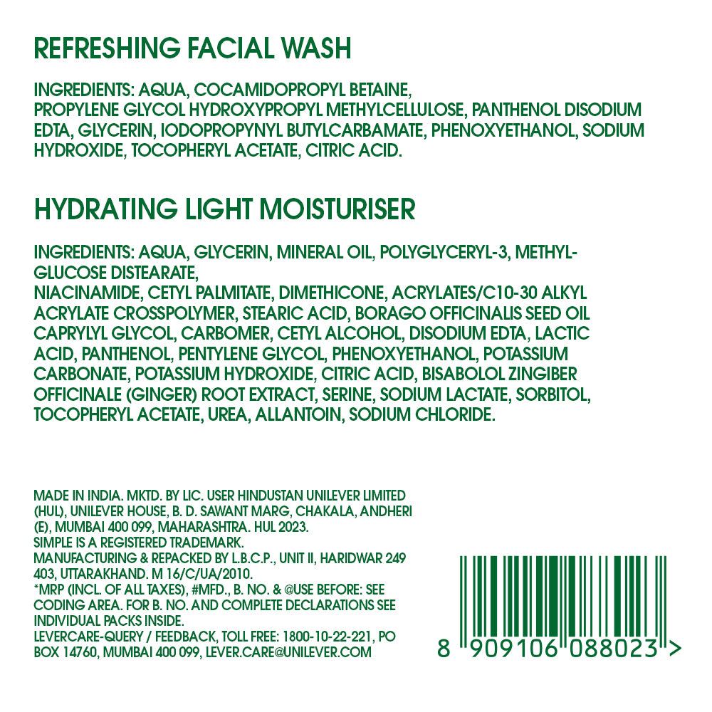 Simple Travel Kit Hydrating Duo, Refreshing Facial Wash 50ml and Hydrating Light Moisturiser 50ml 