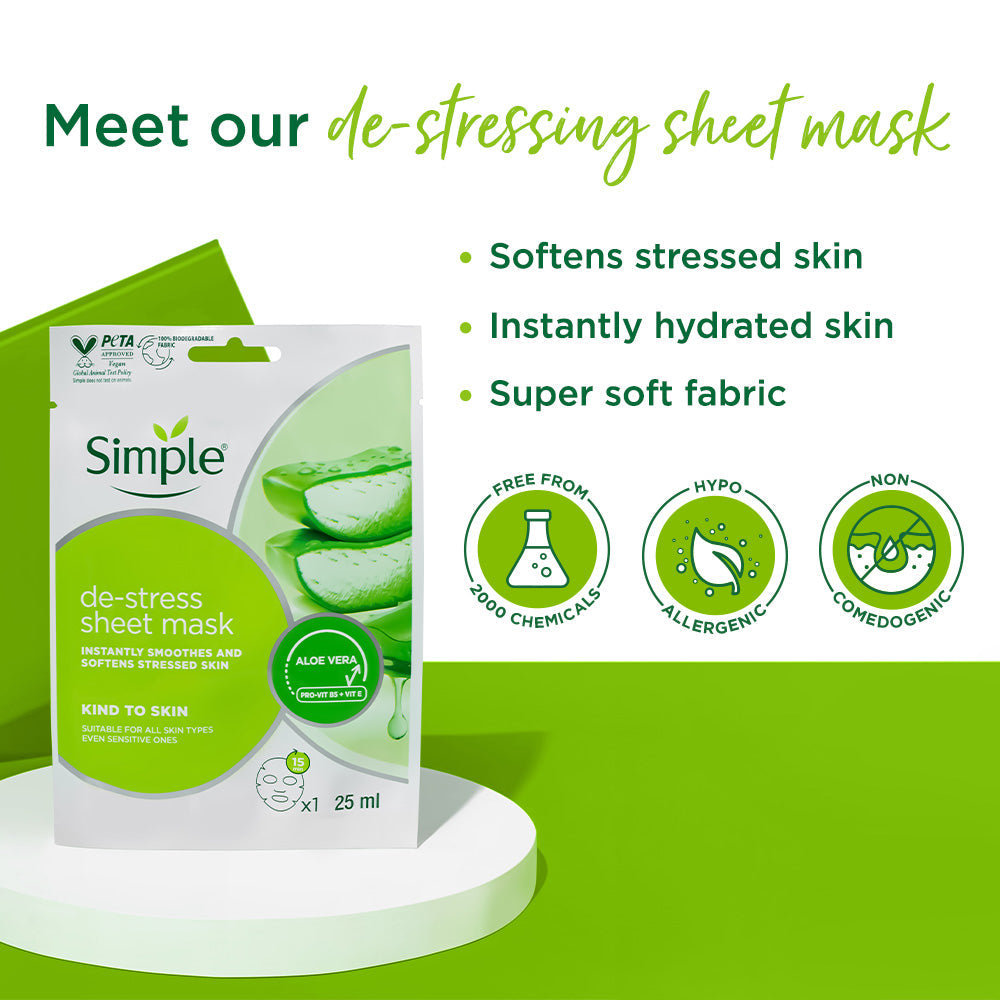 De-stress Sheet Mask with Aloe Vera Extract + Vit E +  Pro-Vit B5 -  25ml 