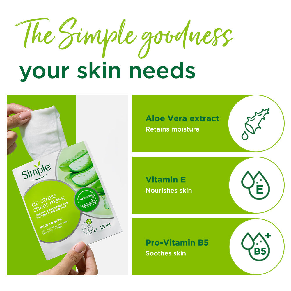 De-stress Sheet Mask with Aloe Vera Extract + Vit E +  Pro-Vit B5 -  25ml