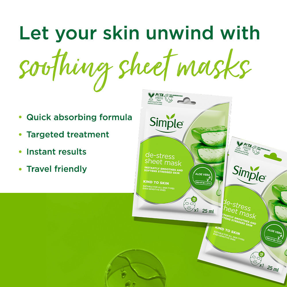 De-stress Sheet Mask with Aloe Vera Extract + Vit E +  Pro-Vit B5 -  25ml