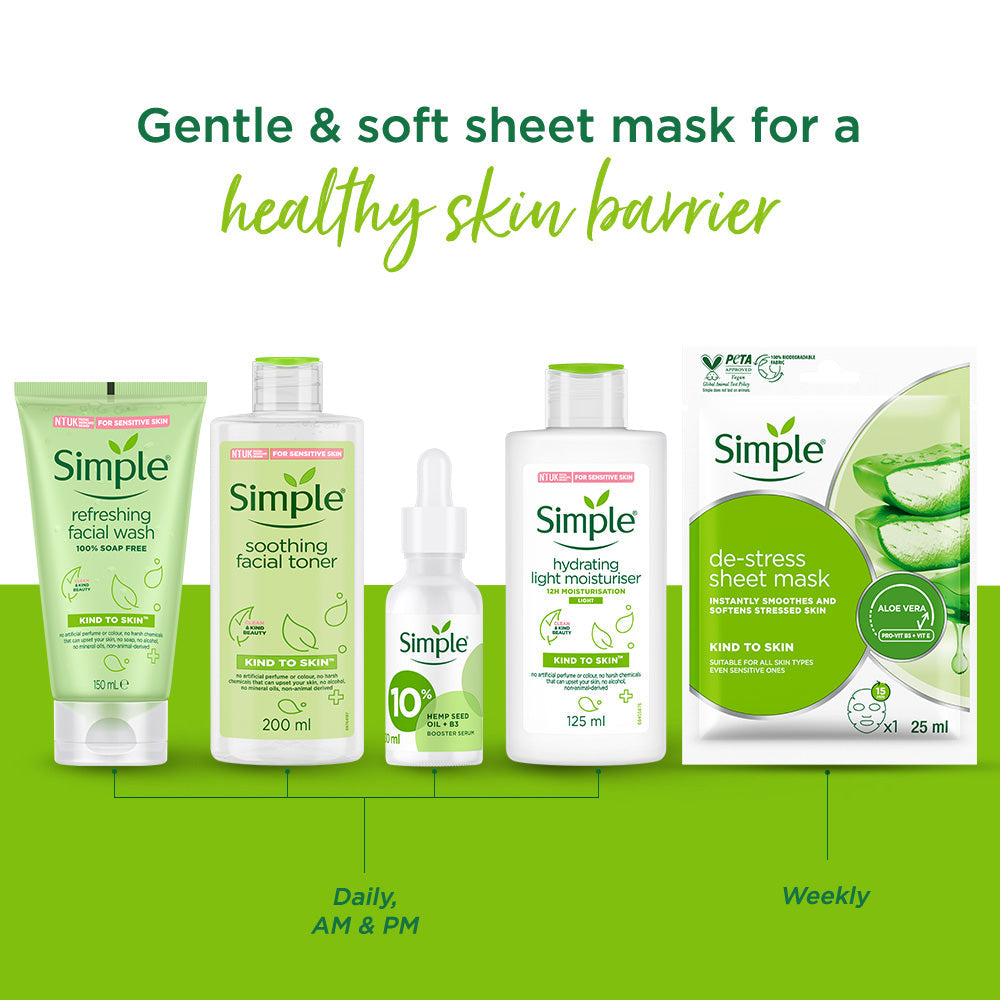 De-stress Sheet Mask with Aloe Vera Extract + Vit E +  Pro-Vit B5 -  25ml