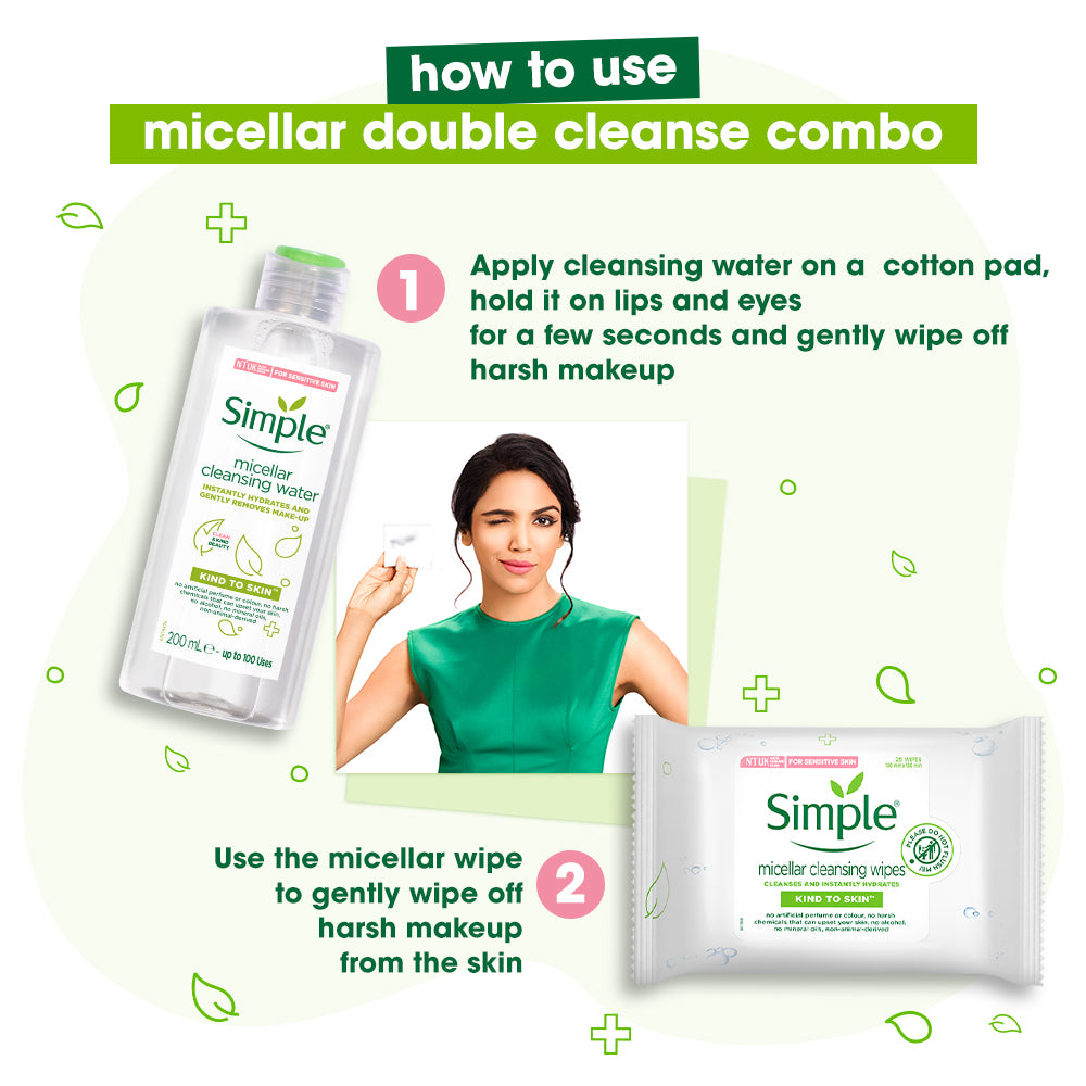 Simple Kind to Skin Micellar Cleansing Water & Micellar Cleansing Wipes Combo - (200ml + 25 Wipes) 