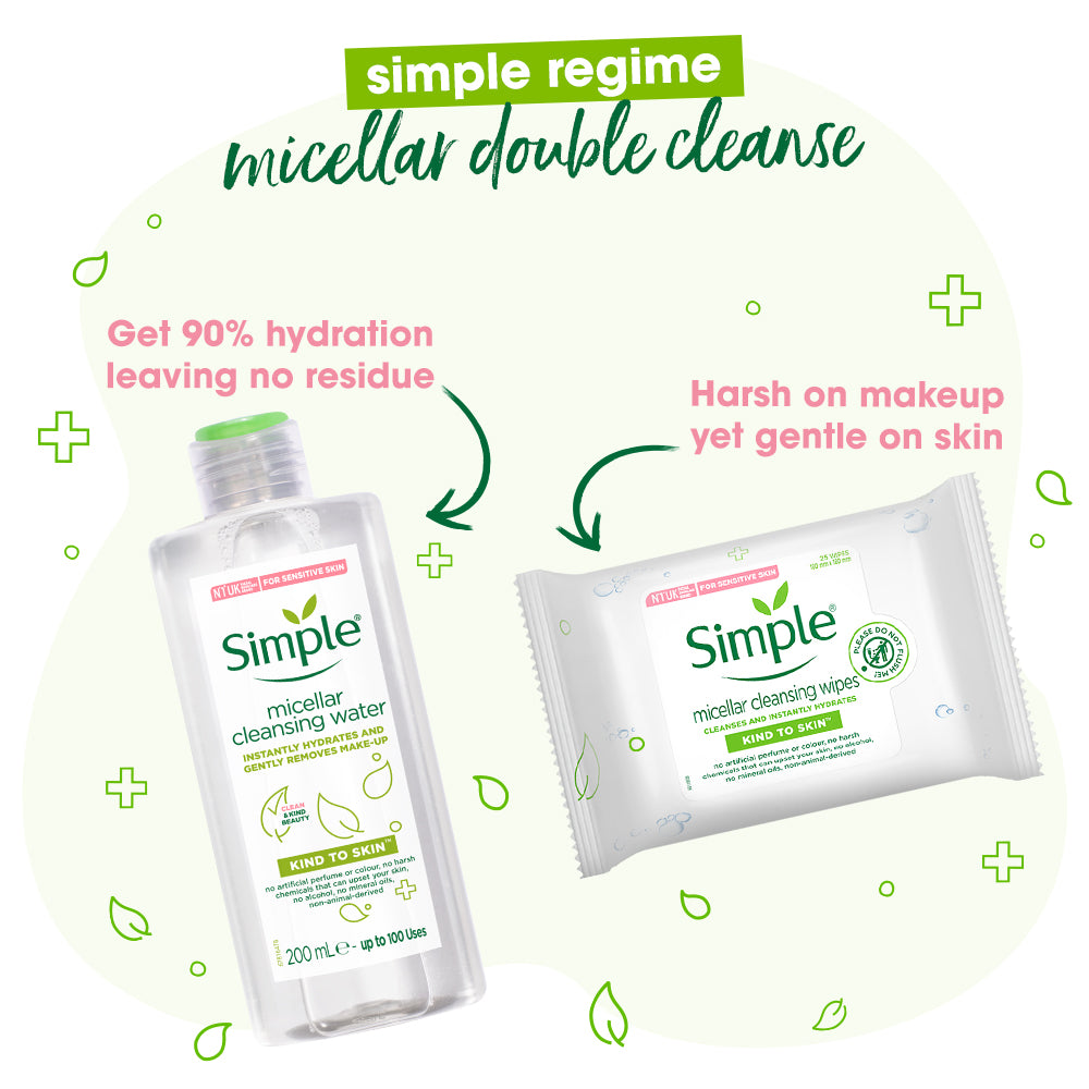 Simple Kind to Skin Micellar Cleansing Water & Micellar Cleansing Wipes Combo - (200ml + 25 Wipes) 
