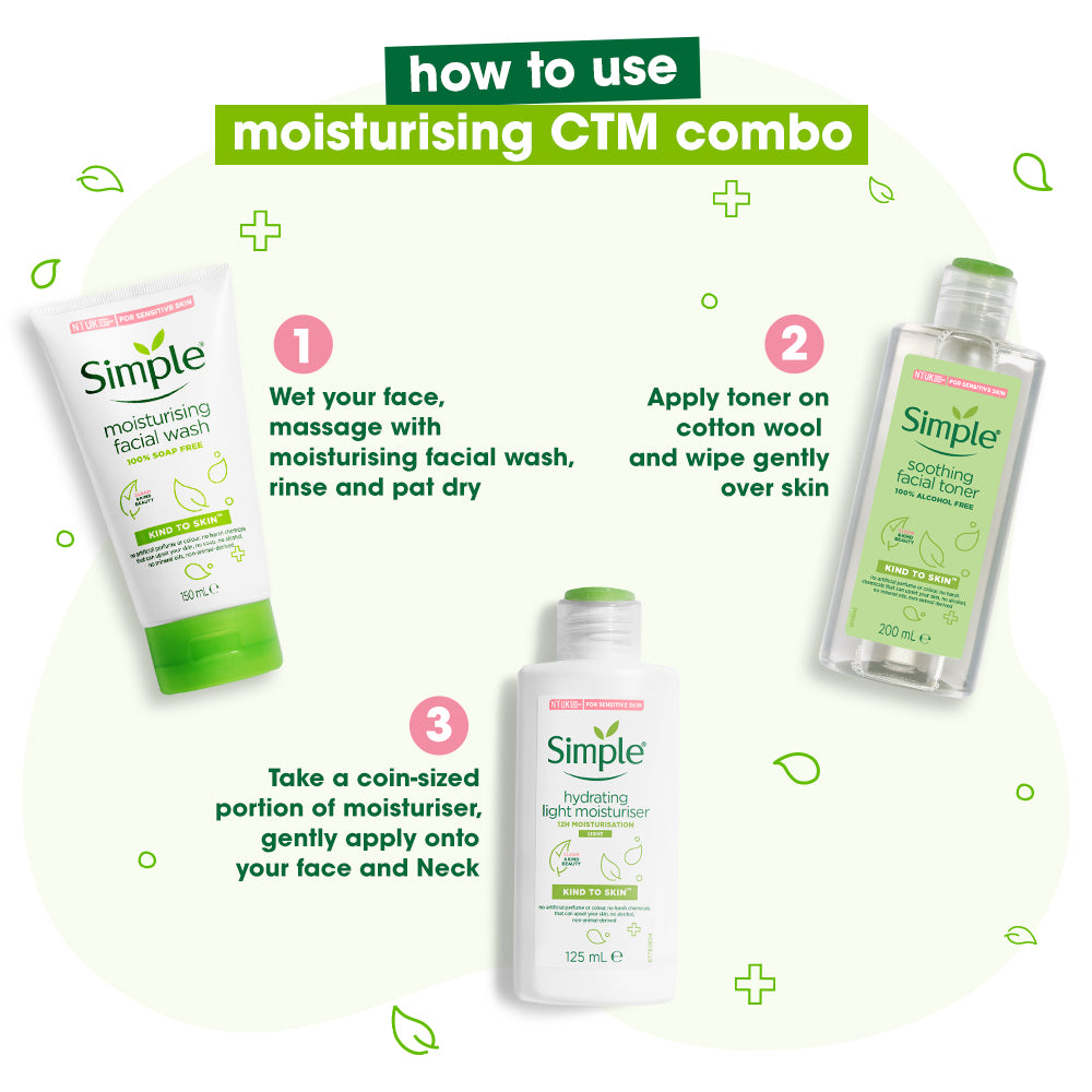 Kind to Skin Moisturising Facial Wash, Soothing Facial Toner & Hydrating Light Moisturiser Combo - (150ml +200ml +125ml)