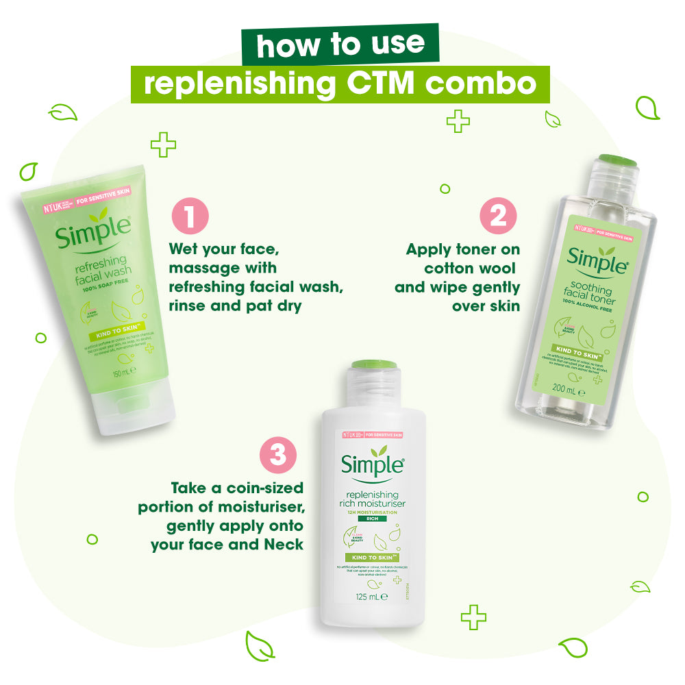 Kind to Skin Refreshing Facial Wash, Soothing Facial Toner & Replenishing Rich Moisturiser Combo - (150ml +200ml +125ml) 